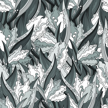 monochrome seamless vector pattern with tulip flowers and leaves in gray shades