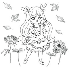 Fototapeta na wymiar vector coloring page with cute anime girl