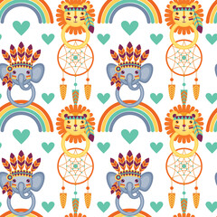 Seamless pattern in bohemian ethnic style with toys and dream catchers. Vector ornament 