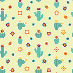 Seamless pattern with cacti and flowers. Vector ornament in boho style.