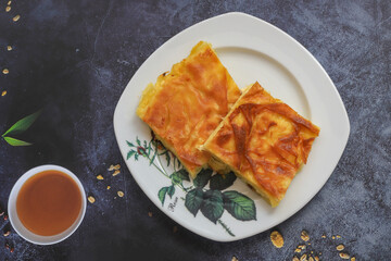 Delicious Turkish food; Tray pastry; (Turkish name; Su boregi)