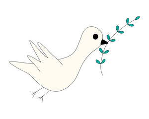 White dove of peace flying with branch. Line art.  Vector illustration for Earth Day and World Environment Day. Isolated on white background