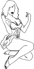 Line art illustration of sexy pin up girl sitting in stylish pose, outline sketch drawing of pin up girl