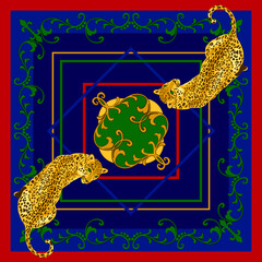 Leopard, jaguar wild big cat square frame, silk scarf design background. Baroque style pattern illustration for bandana, foulard, scarves, hijab. red blue, green color - 493266198
