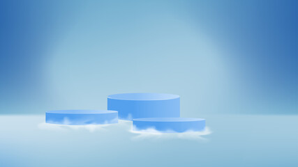 blue background with 3 podiums for product background or advertising banner