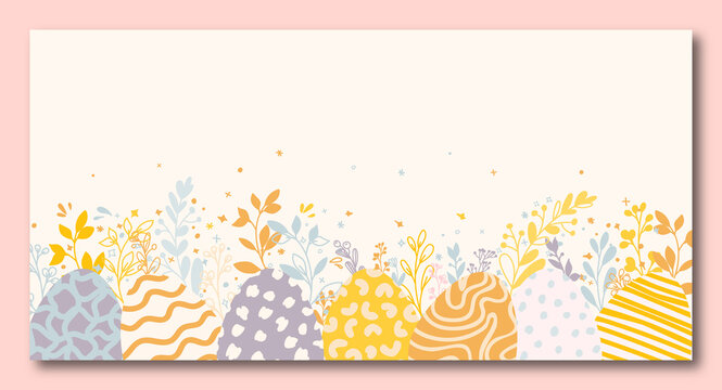  Easter background designwith decorated eggs and leaves. Universal modern line art background. Wallpaper, backdrop decor, header or banner.