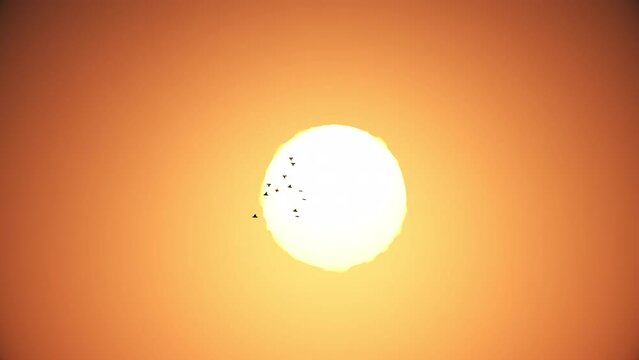 Flock of birds flying in front of big sun is heat effect in summer with 3d rendering.