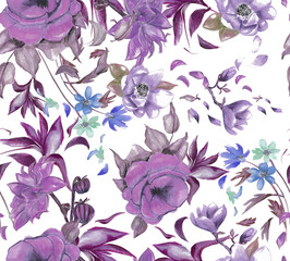 Watercolor painting of leaf and flowers, seamless pattern background