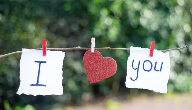 Notes with words "I", "you" and red heart on blurry green background. Love is happiness and care. Couple's relationships and confessions of love. - Powered by Adobe