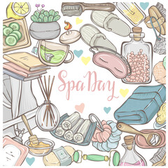 Vector fashion illustration. Spa day. Set of different face and body care items. handmade, print on t-shirt