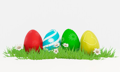 Easter eggs, painted with basic patterns Commonly used standards. easter holiday season The children's fun in finding the eggs their parents have hidden away. 3d rendering.