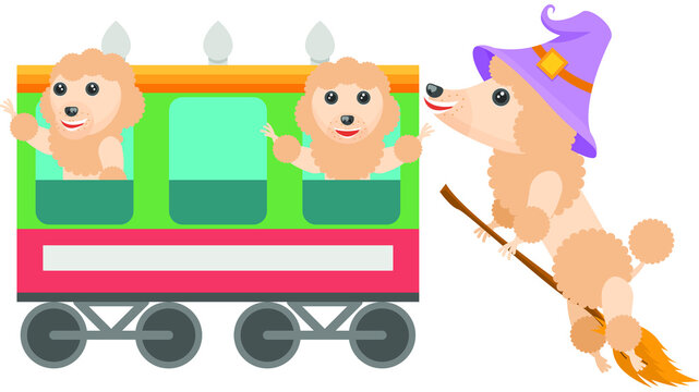 Set Abstract Collection Flat Cartoon Different Animal Pug Dogs Rides On The Train, Flying On A Broomstick Vector Design Style Elements Fauna Wildlife