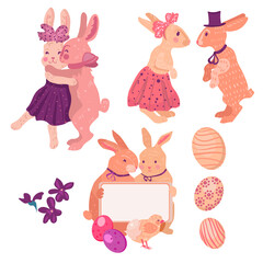 Obraz na płótnie Canvas Set with cute Easter bunnies, cuddle each other, holding a sign, looking at each other. Rabbits in love. Easter eggs, violets flowers. Vintage Vector illustration. 