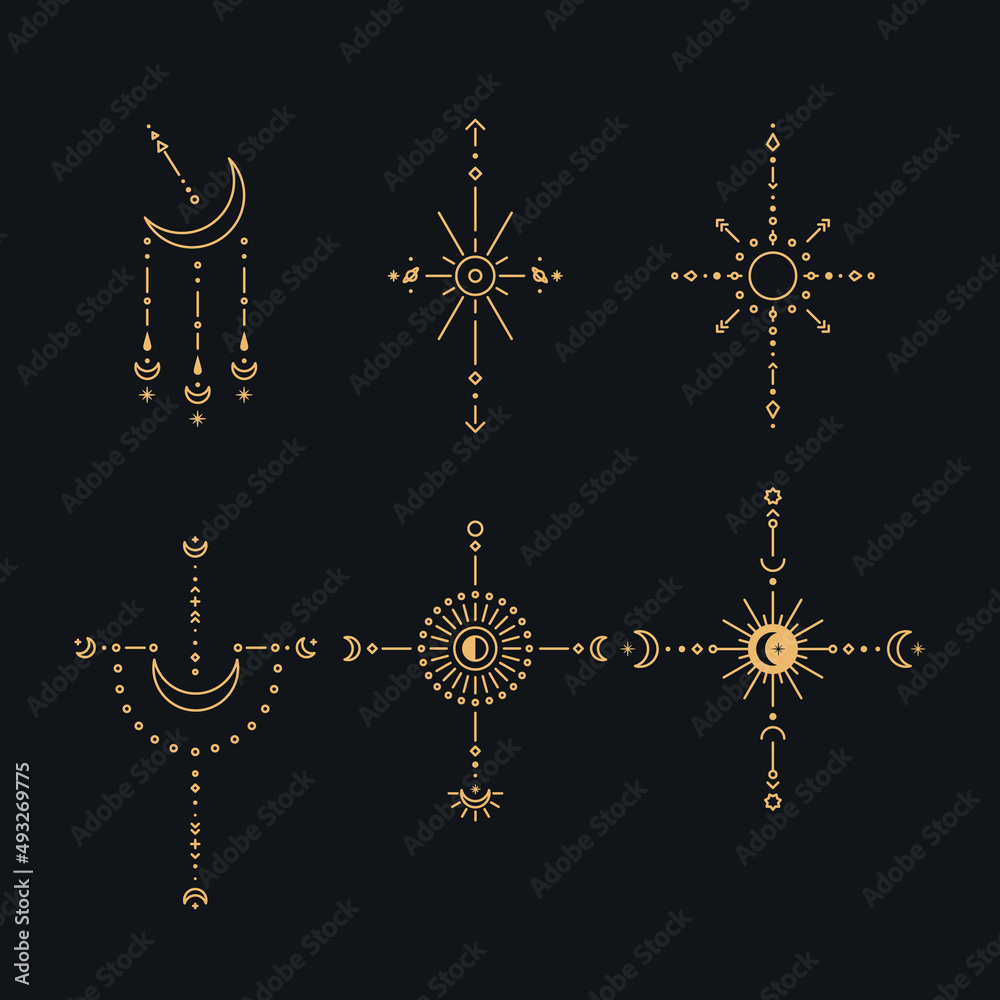 Poster set of moon and sun line art. minimal boho linear symbols. celestial mystic element. vector line art