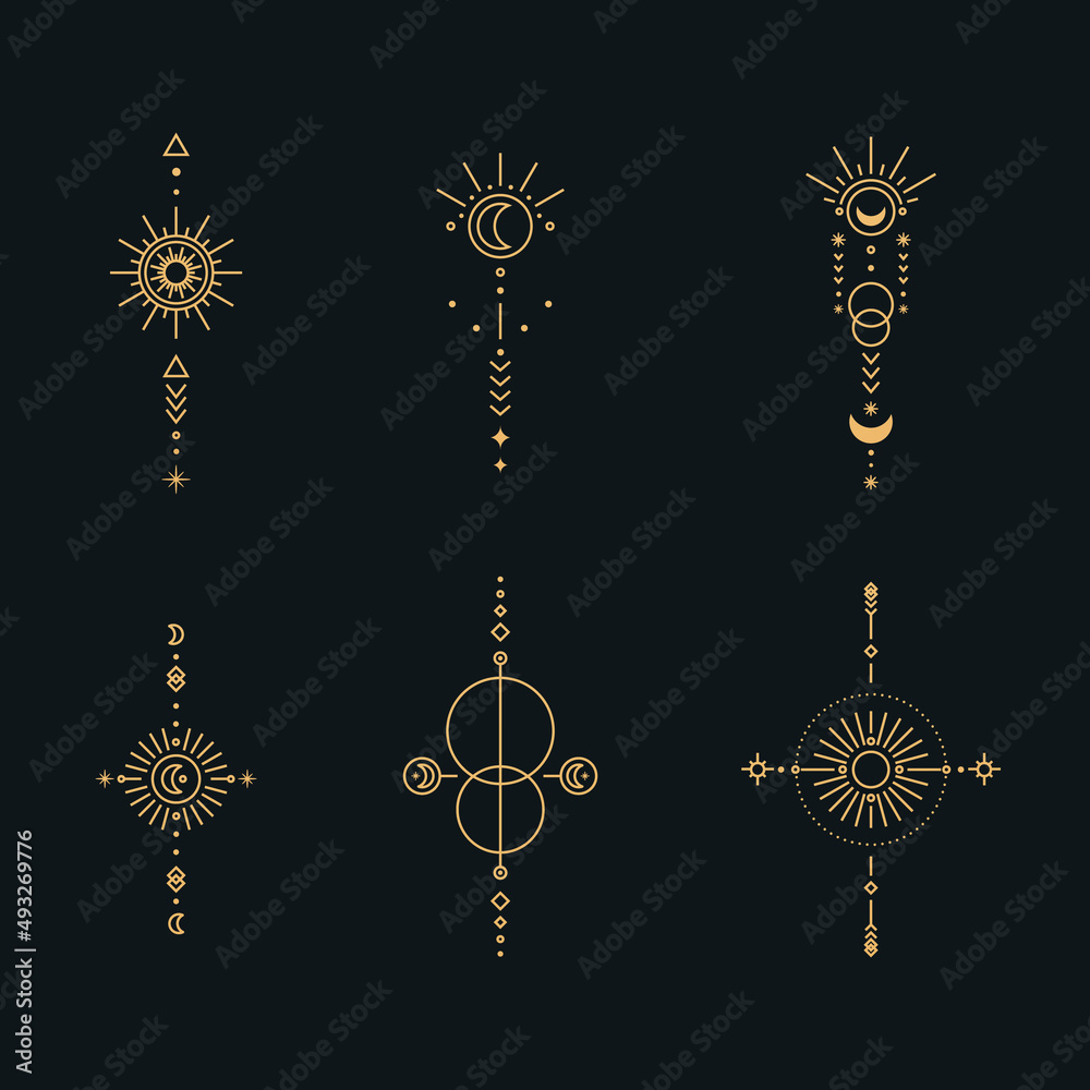 Sticker set of moon and sun line art. minimal boho linear symbols. celestial mystic element. vector line art