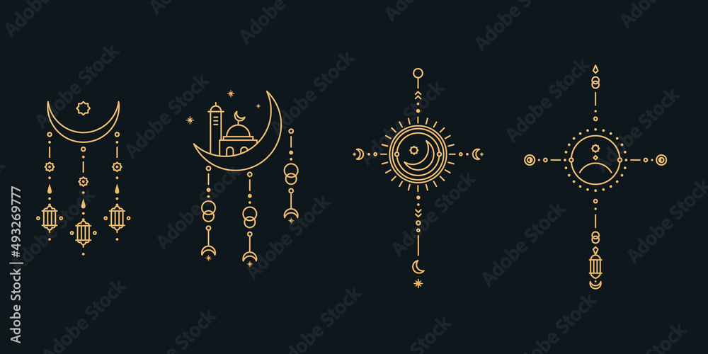 Sticker ramadam kareem line art. minimal boho linear symbols. celestial mystic element. vector line art illu