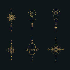 Set of moon and sun line art. Minimal boho linear symbols. Celestial mystic element. Vector line art illustration.
