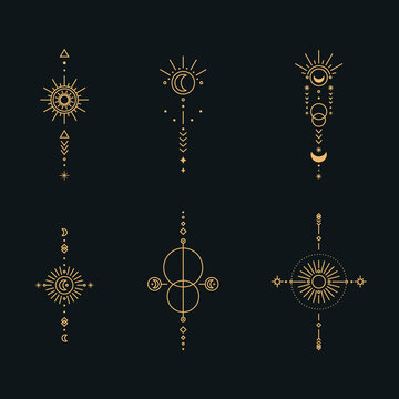 Set Of Moon And Sun Line Art. Minimal Boho Linear Symbols. Celestial Mystic Element. Vector Line Art Illustration.
