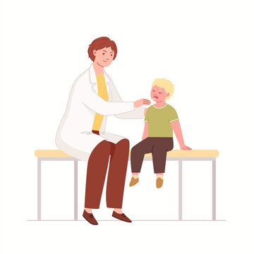 family doctor examines little boy in her office with tongue spatula. pediatrician. vector illustration in flat cartoon style.