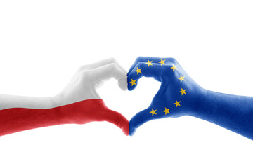 Two hands in the form of heart with Polish and European Union flag isolated on white background