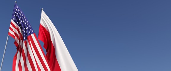 Flags of the USA and Poland on flagpoles on side. Flags on a blue background. Place for text. United States of America. Warsaw, Europe. Commonwealth. 3D illustration.