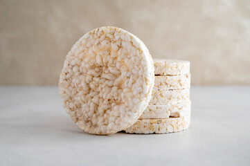 Pile of puffed rice cakes, dieticgalettes. Crunchy crispbread