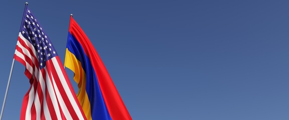 Flags of the USA and Armenia on flagpoles on side. Flags on a blue background. Place for text. United States of America. Yerevan. Commonwealth. 3D illustration.