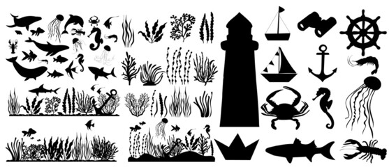 set of marine elements, signs, algae, fish silhouette isolated vector