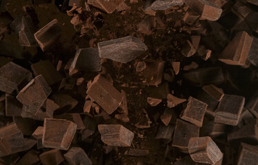 Freeze Motion Shot of Exploding Chocolate Chunks, close-up