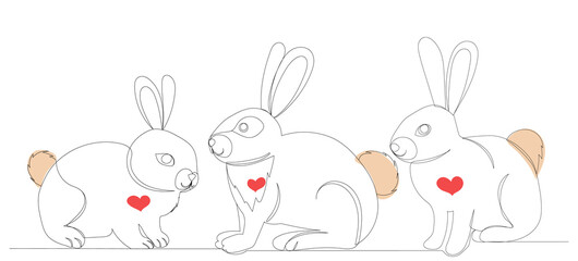 rabbits one line drawing vector, isolated