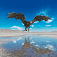 dragon is flying up on the desert after rain