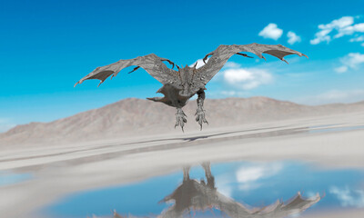 dragon is under attack on the desert after rain rear view