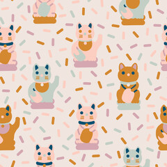 Maneki Neko japanese vintage cat toy seamless pattern. Vector illustration