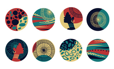 Set of round covers with black woman and African motifs. 
Highlight story cover icons for social media, covers, stickers. Flat design in dark colors, black, emerald, red and beige.