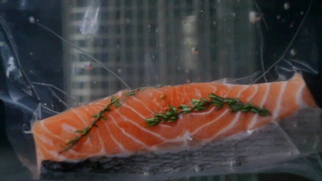 Salmon is immersed in water, sous vide