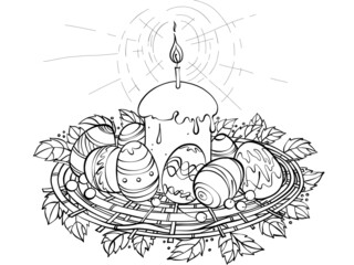 Line art Easter eggs & bread Kulich. Hand drawing Ukrainian folk Pysanka & Paska