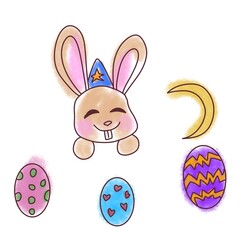 Cute bunny colorful doodle illustration. Easter icon set. 