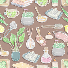 Vector fashion illustration. Spa day, print on t-shirt. handmade. Set of different face and body care items. dark background, seamless pattern