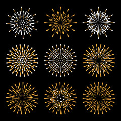 Firework or salute collection. Celebrated festive firecracker set. Bright holidays light explosion rays template. Abstract burst, starburst design elements. Jpeg