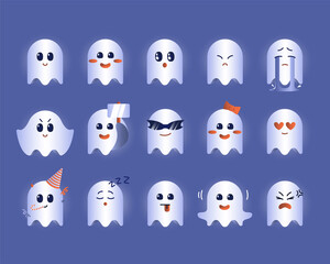 Cute ghost character with different emotions. Big Vector set