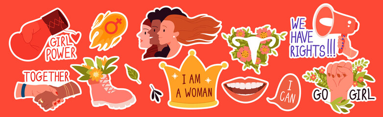 Set of empowering feminism stickers. Human and gender equality, women same rights, girls power and opportunities, social and political integration cartoon vector illustration