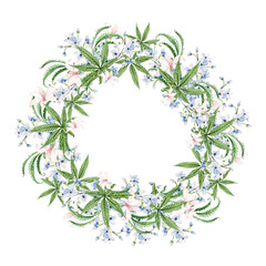 Beautiful tender watercolor wreath with different flowers and cannnabis. Illustration..