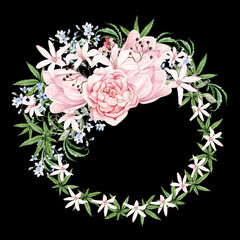 Beautiful tender watercolor wreath with different flowers and cannnabis. Illustration..