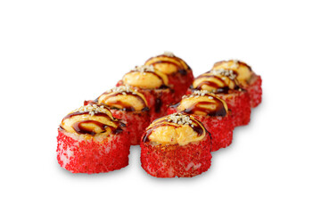 Sushi roll with tobiko caviar, cheese, unagi sauce and sesame seeds. Isolated white background