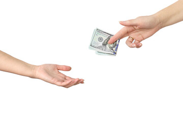 Hand handing over money to another hand isolated on white background Transfer of money from hand to...
