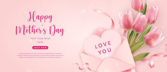 Happy mother's day botanic garden pink tulip flower and envelope love heart shape paper note