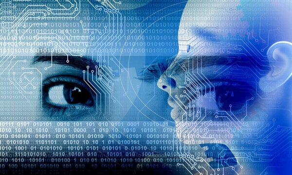 Binary Code Background, artificial intelligence Digital eye Abstract technology background. Java, coding.