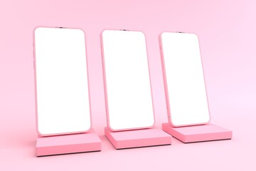 3D rendering of The Smartphones white screen on pink squares Pedestal, Mobile phone mockup tilted to the ground. Pedestals can be used for commercial advertising, Isolated on Minimal pink background.