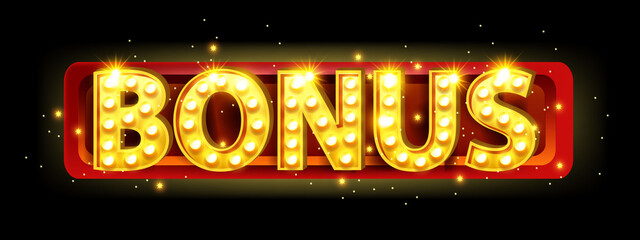 Bonus casino banner, vector promotion prize discount announcement sign, light bulbs, red frame. Golden letters, special advertisement, extra sale offer badge, jackpot winner gift. Bonus casino clipart