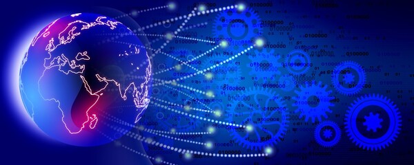 Cogs gears industrial business background. background integration. technology banner background. vector illustration. Binary matrix code on the screen. numbers of the computer matrix. 